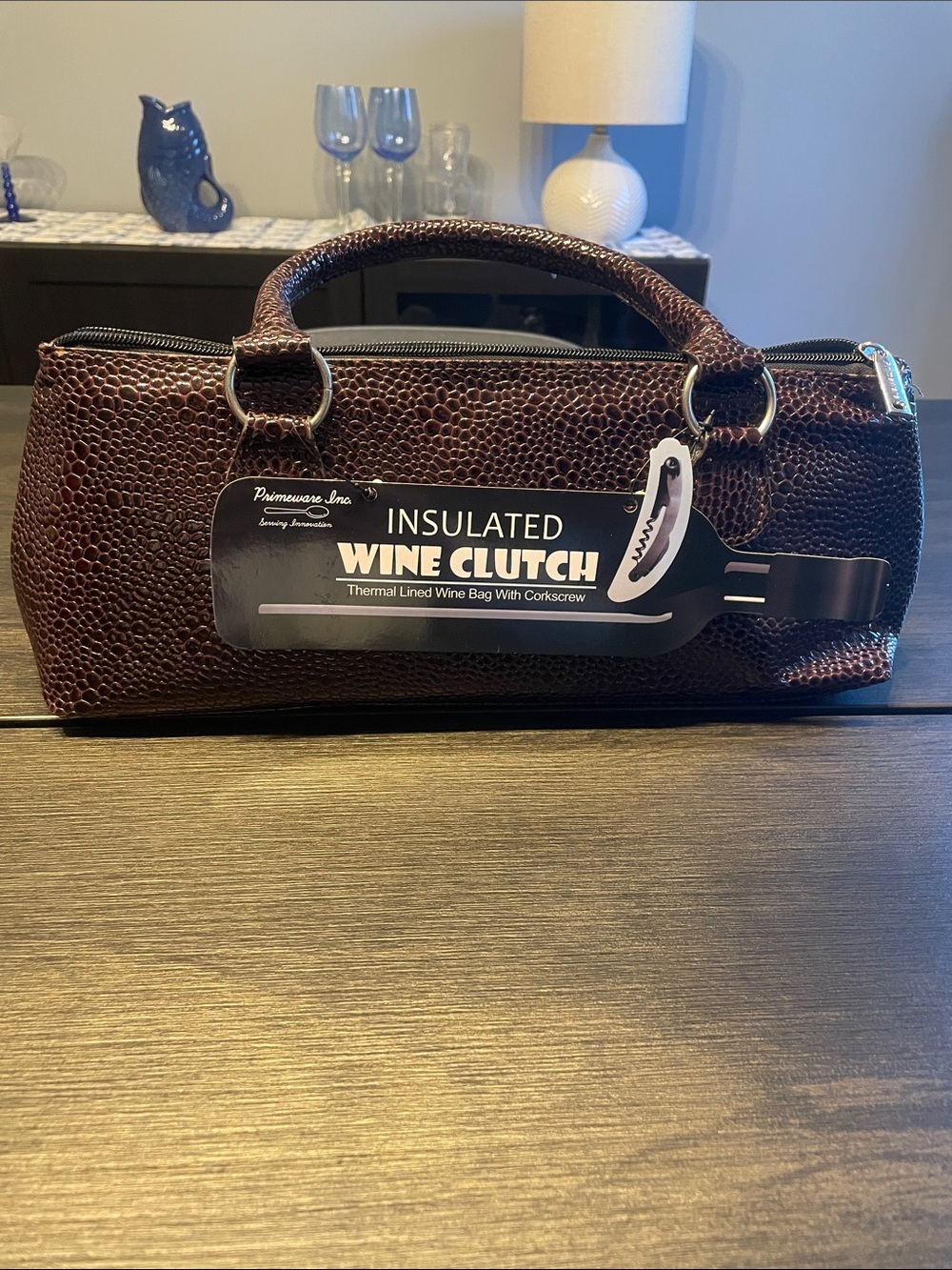 Wine Clutch - Brown Faux Leather insulated Wine Bag with Corkscrew